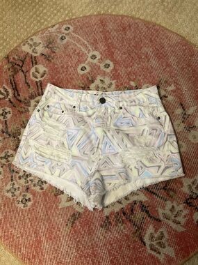 BDG High Rise Dree Cheeky White Denim Shorts with Pastel Geo Print
